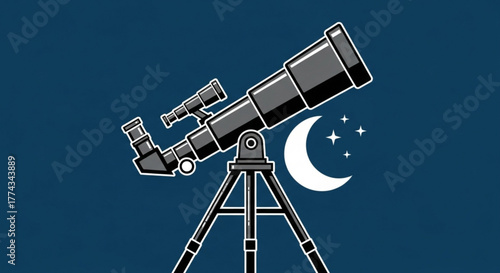 Telescope for astronomy observing moon and stars at night vector illustration for space exploration tool