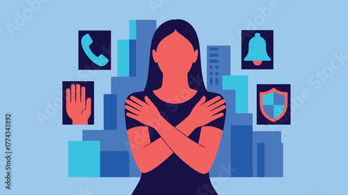 Woman Arms Crossed with Phone, Hand, Bell, Shield Icons and City Buildings Illustration