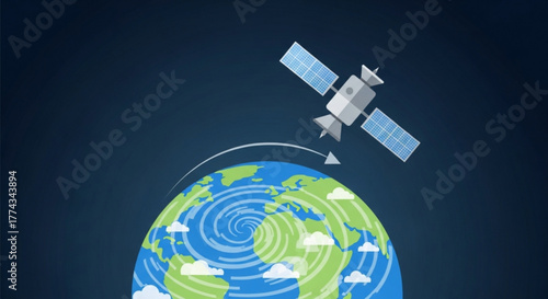 Satellite orbiting earth illustration for weather forecast and global communication network imagery use case