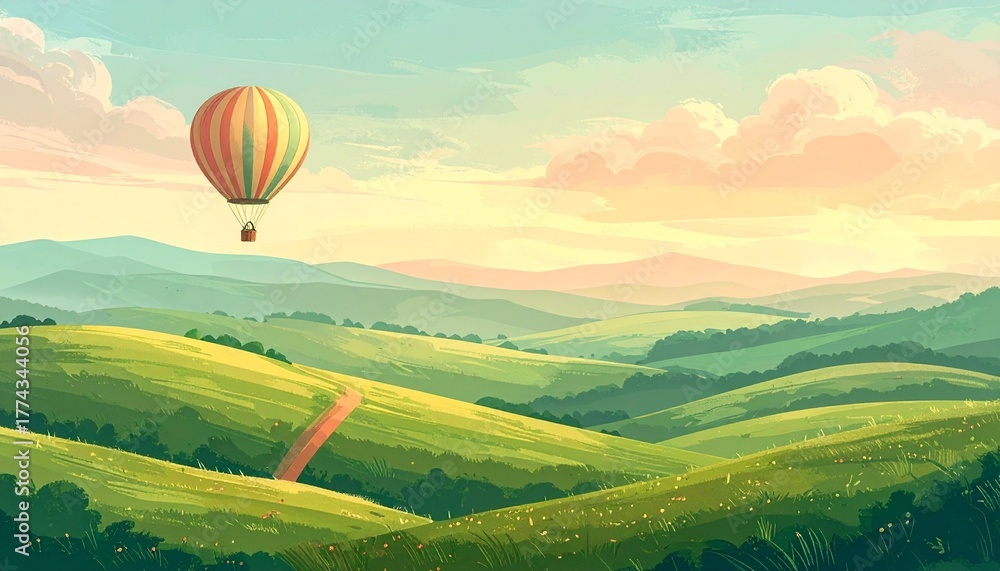 Fototapeta premium A whimsical hot air balloon drifts peacefully across a breathtaking landscape of lush green hills and a winding path bathed in the warm, golden glow of dawn, evoking a tranquil adventure