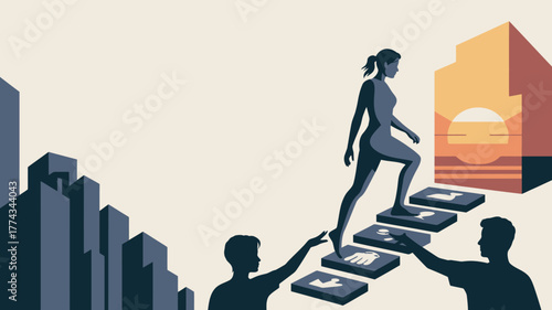 Woman Climbing Stairs to Sunset, Supported by Helping Hands Towards a Bright Future