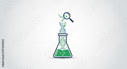 Dna research genetic engineering science biology molecule magnifying glass flask experiment analysis 100 char