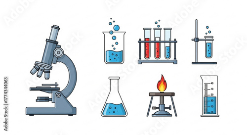 Science lab equipment microscope beaker test tubes bunsen burner for chemistry and biology experiments