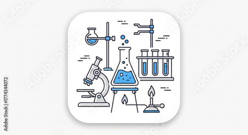 Science lab equipment vector illustration, including microscope, test tubes, and beakers for experiments
