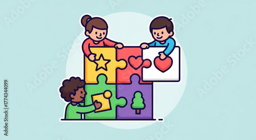 Children teamwork collaboration puzzle pieces together building community cartoon illustration vector design