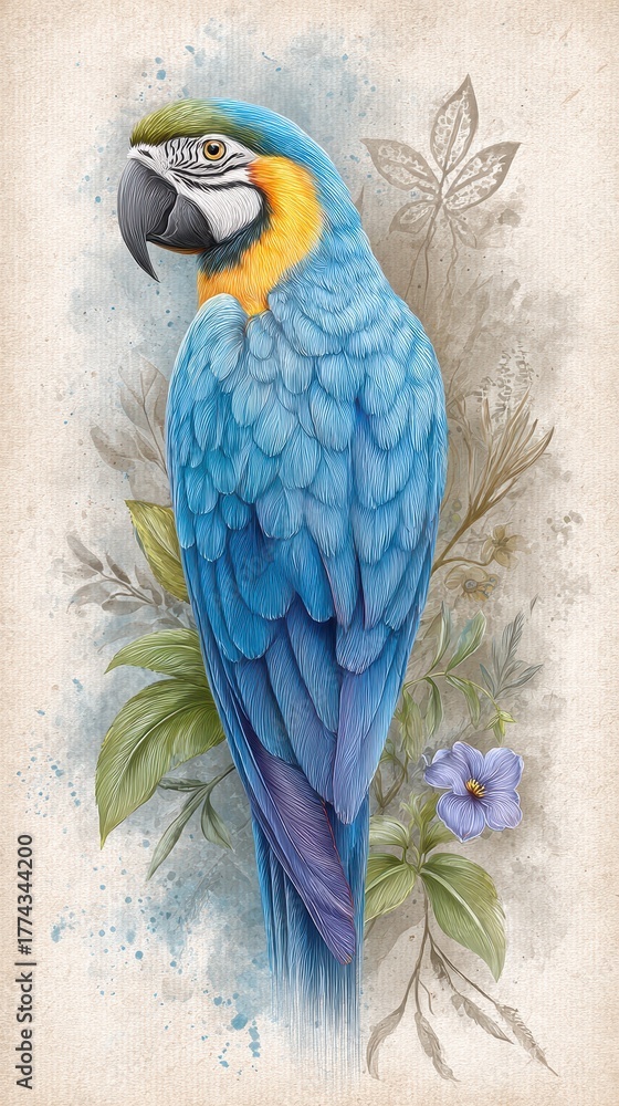 Fototapeta premium Blue and Yellow Macaw Parrot on Branch with Watercolor Leaves