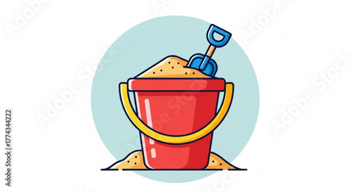 Illustration of a red sand bucket with a blue shovel for kids beach toys and summer fun activities