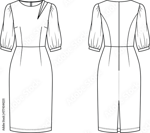 Technical fashion illustration of elegant shift dress with puff sleeves, front and back view, flat sketch, vector design template, garment drawing for manufacturing