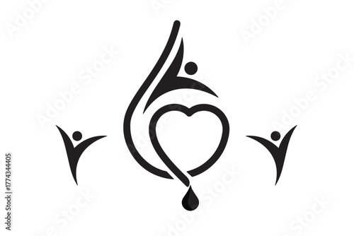 Abstract blood donation logo featuring a stylized heart, blood drop, and human figures symbolizing care, health, and community support. Ideal for medical, charity, and healthcare designs.