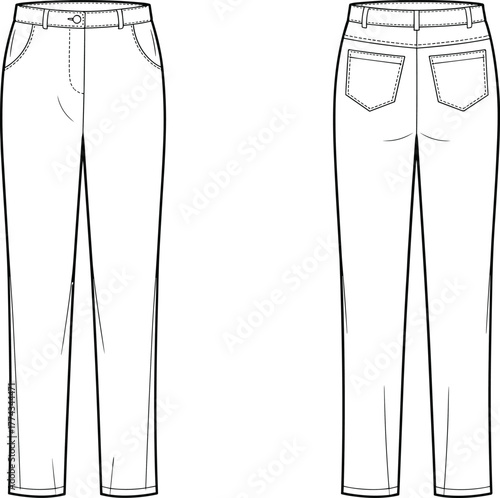 Technical fashion illustration of classic women's trousers, front and back view, flat sketch, vector design template, garment drawing for clothing production and pattern making
