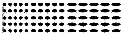 吹き出しの円形と雲と多角形の大中小サイズのバリエーションセット_黒