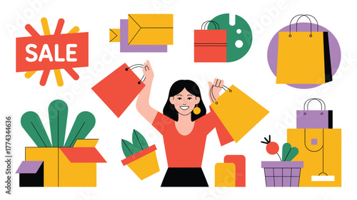 Woman with Shopping Bags Surrounded by Plants, Boxes, and Sale Sign Illustration