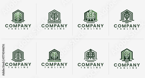 Flat line building home leaf plant logo design set