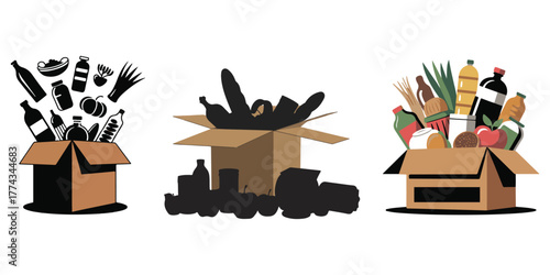 Food Donation Box Vector Set | Grocery, Charity, and Packaging Illustration Collection.