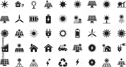 Set of black silhouette icons representing renewable energy and sustainable living