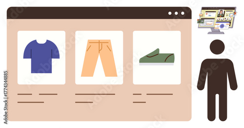 E-commerce platform displaying clothing items, including a shirt, pants, and shoes. Figure symbolizes customer browsing. Ideal for shopping, retail, e-commerce, technology fashion consumer