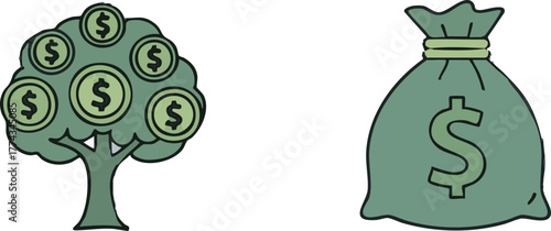 Money tree grows beside a bag of dollars, symbolizing financial growth and investment opportunities in a simple, cartoonish style.