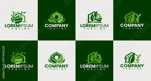 Set of nature leaf home building logo design