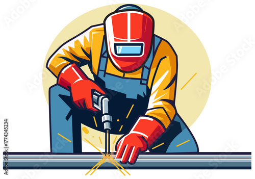 Worker Welding Metal Pipe with Safety Mask