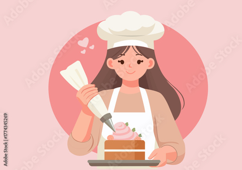 Smiling Female Baker Decorating Cake