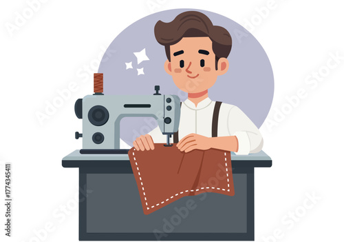 Smiling Tailor Sewing with Machine