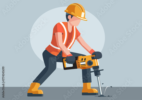 Construction Worker Operating Jackhammer