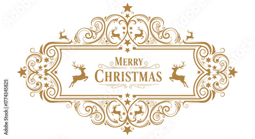 A beautifully designed golden ornate frame with festive reindeer and elegant scrollwork, centered around the "Merry Christmas" greeting.