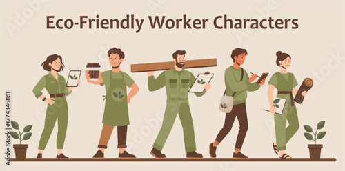 Set of five eco-friendly worker characters in cartoon style with cream background and potted plants, promoting green and sustainable work.