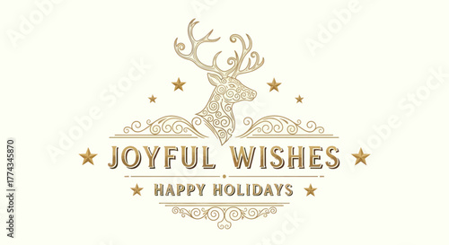 Elegant holiday greeting card design with an ornate golden reindeer and "Joyful Wishes" text.