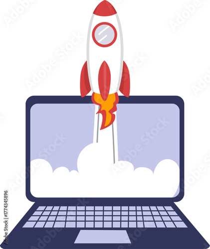Rocket launch from laptop screen. Rocket taking off. Business Start up, Launching new product or service. Successful start-up launch new business project. Creative or innovative idea. Rocket launch