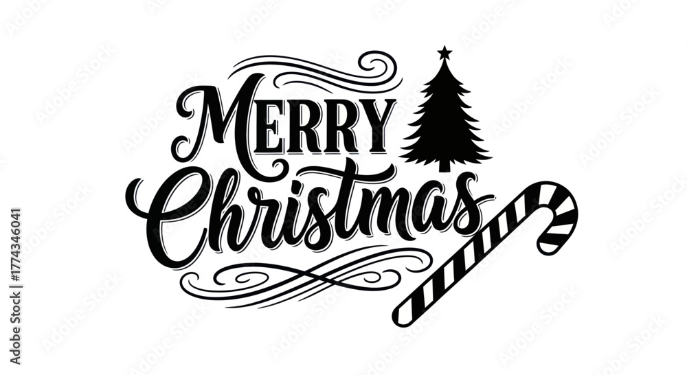 Obraz premium Elegant 'Merry Christmas' greeting in black calligraphic script with a festive tree and candy cane.