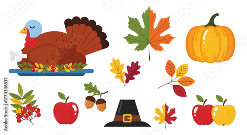 Thanksgiving holiday elements including a roasted turkey, pumpkin, autumn leaves, apples, acorns, and a pilgrim hat, isolated on transparent background