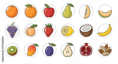 Fresh Produce Icon Set: Fruits and Vegetables in Colorful Flat Style