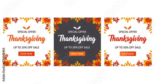 Thanksgiving special offer with shop now button and autumn leaves decoration, isolated on transparent background