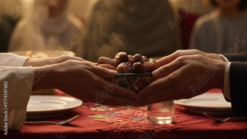 Closeup of dates in a decorative bowl on a table set for Iftar during Ramadan with blurred family members in the warm background