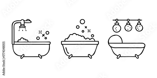 Bathtub line icon collection. Vector set of bathroom symbols including shower, bath with foam bubbles. Simple outline illustration for hygiene, spa, clean, wash.