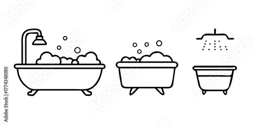 Bathtub line icon collection. Vector set of bathroom symbols including shower, bath with foam bubbles. Simple outline illustration for hygiene, spa, clean, wash.