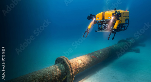 Remotely operated vehicle rov inspecting an underwater gas pipeline on the sea bed. Subsea pipeline inspection for oil and gas industry maintenance.