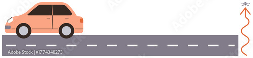 Autonomous car on highway with dashed lines, guided by hovering quadcopter for navigation. Ideal for technology, innovation, automation, AI, transportation, safety smart mobility. Simple flat