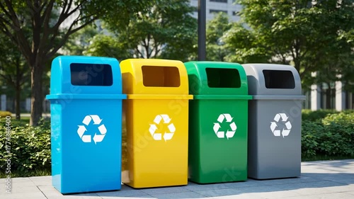 Four Colored Recycling Bins Outdoors Blue Yellow Green and Gray Containers for Waste Separation and Environmental Sustainability in an Urban Park.