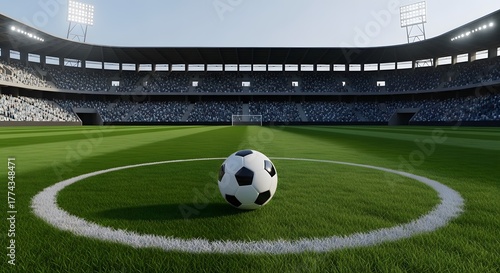 Close up photo of a black and white patterned ball in the middle of a football field during the day with a wide background of a magnificent stadium shining sun and shining stadium lights