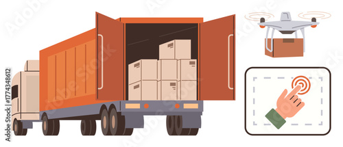 Cargo truck with open trailer carrying boxes, delivery quadcopter transporting package, and hand tapping on screen interface. Ideal for logistics, shipping, e-commerce, technology, innovation