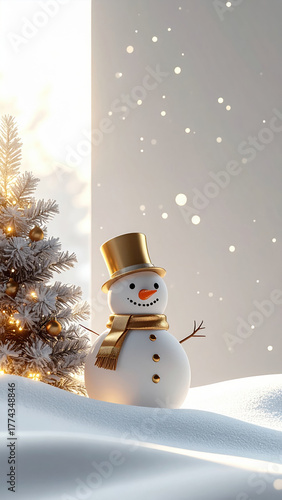 Cheerful snowman with golden hat and scarf stands beside decorated Christmas tree in snowy winter scene