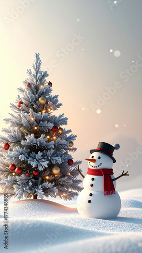 Snowman with red scarf and hat beside decorated Christmas tree in snowy landscape, creating festive winter scene