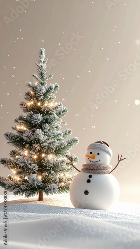 Snowman with scarf and hat stands beside decorated Christmas tree in snowy landscape, creating festive winter scene