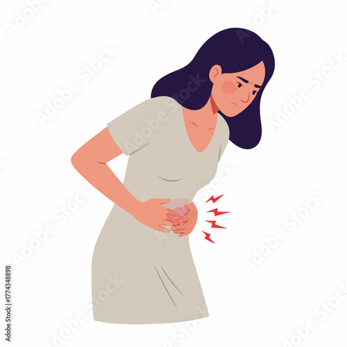 Flat Style Detailed Woman Holding Her Stomach in Pain Illustration