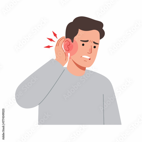 Flat Cartoon Illustration of Man Experiencing Ear Pain and Discomfort