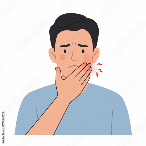 Flat Illustration Sad Man Holding Cheek Suffering From Toothache Pain