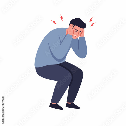 Flat Illustration of Stressed Man Sitting Due To Headache Condition Illustration