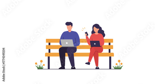 Two people working remotely on laptops while sitting on a park bench